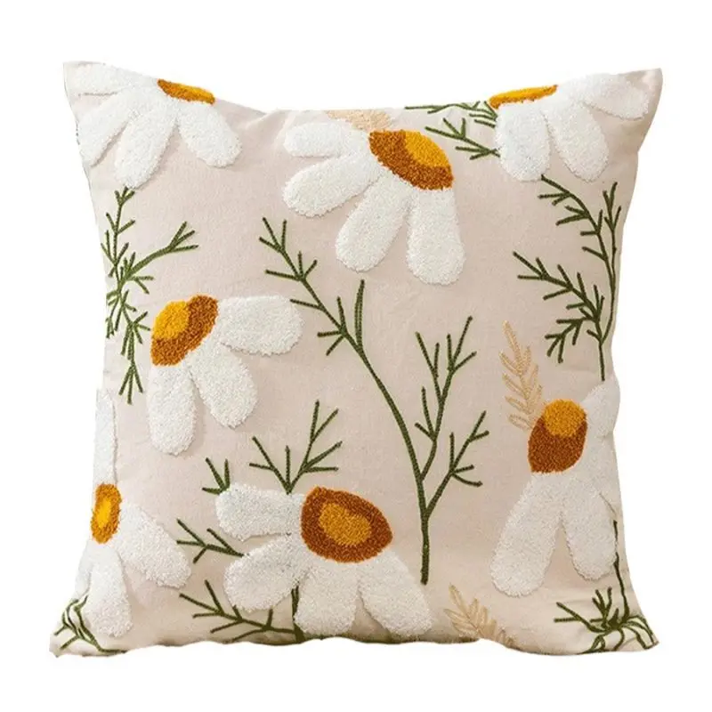 Rustic Embroidered Cushion Cover, 45x45cm High-End Floral Design with White Flowers-Yellow Centers-Green Stems, Sweet Home Decor for Sofa-Living Room Headboard, No Insert Included