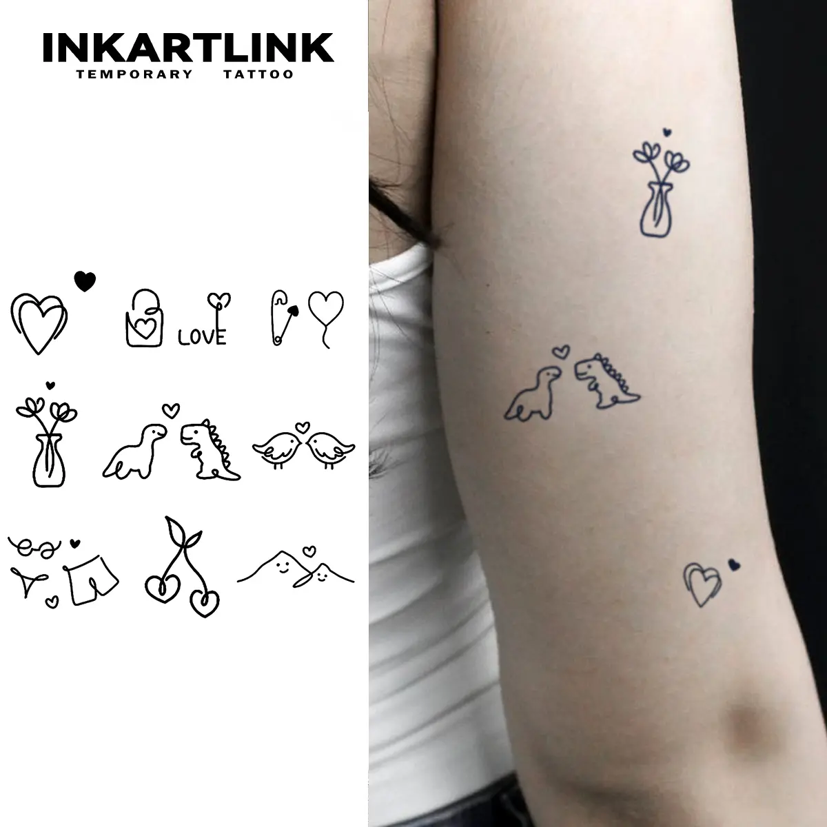 INKARTLINK Semi-Permanent Fake Tattoos - Waterproof Sticker Tattoos, 1-2 Weeks Long-Lasting, 2 Sheets, Realistic Line Art, Suitable for Men & Women, All Skin Types, Fake Tattoo
