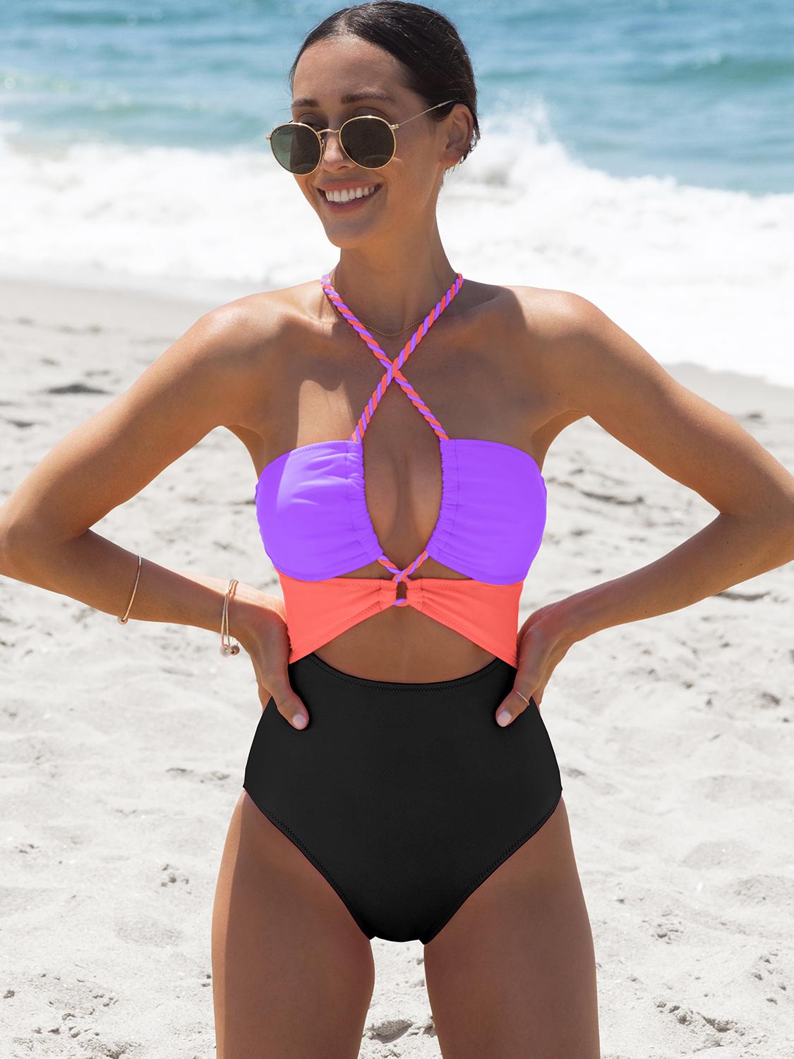 Popvil 【Built-in Sewn-in Pads】 Color Block Front Cutout One Piece Swimsuit, Tummy Control High Waisted Neon Swimsuit with Back Strap,Neon One Piece for Women