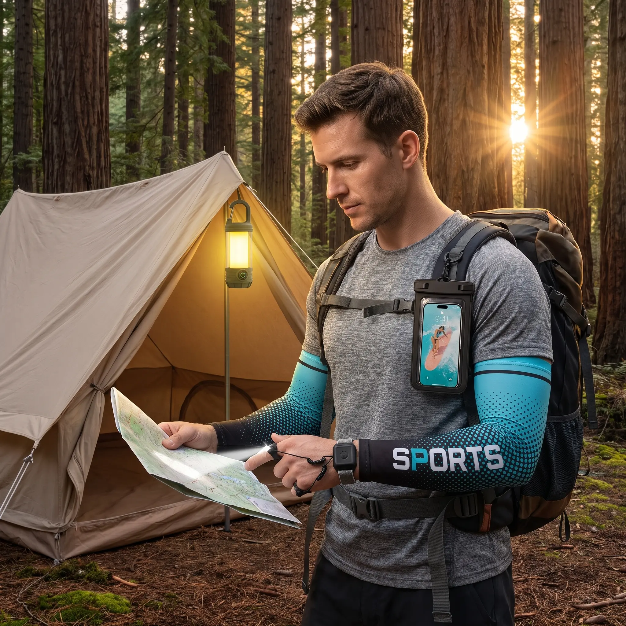 Unisex 4-in-1 Outdoor Adventure Essentials Kit for Outdoor Activities, Night Fishing - IPX8 Waterproof Phone Pouch, UPF 50+ UV Protection Cooling Arm Sleeves, Mini Camping Lantern, Hands-Free LED Finger Lights, Rechargeable Flashlight, Quick-Dry Fabric, M