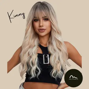 KIMMY【WA-SM8007/LC8155-3】 Platinum Blonde Wavy Wig with Bangs 26 inch Synthetic Trending for Women Daily or Party