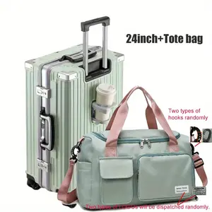 2Pcs Set 24Inch Aluminum Frame Hardside Spinner Wheels Luggage+Tote Bag With Cup Holder/USB Port, Zipperless Checked Super Large Captain Suitcase (Buy suitcase get Tote bag for free.）