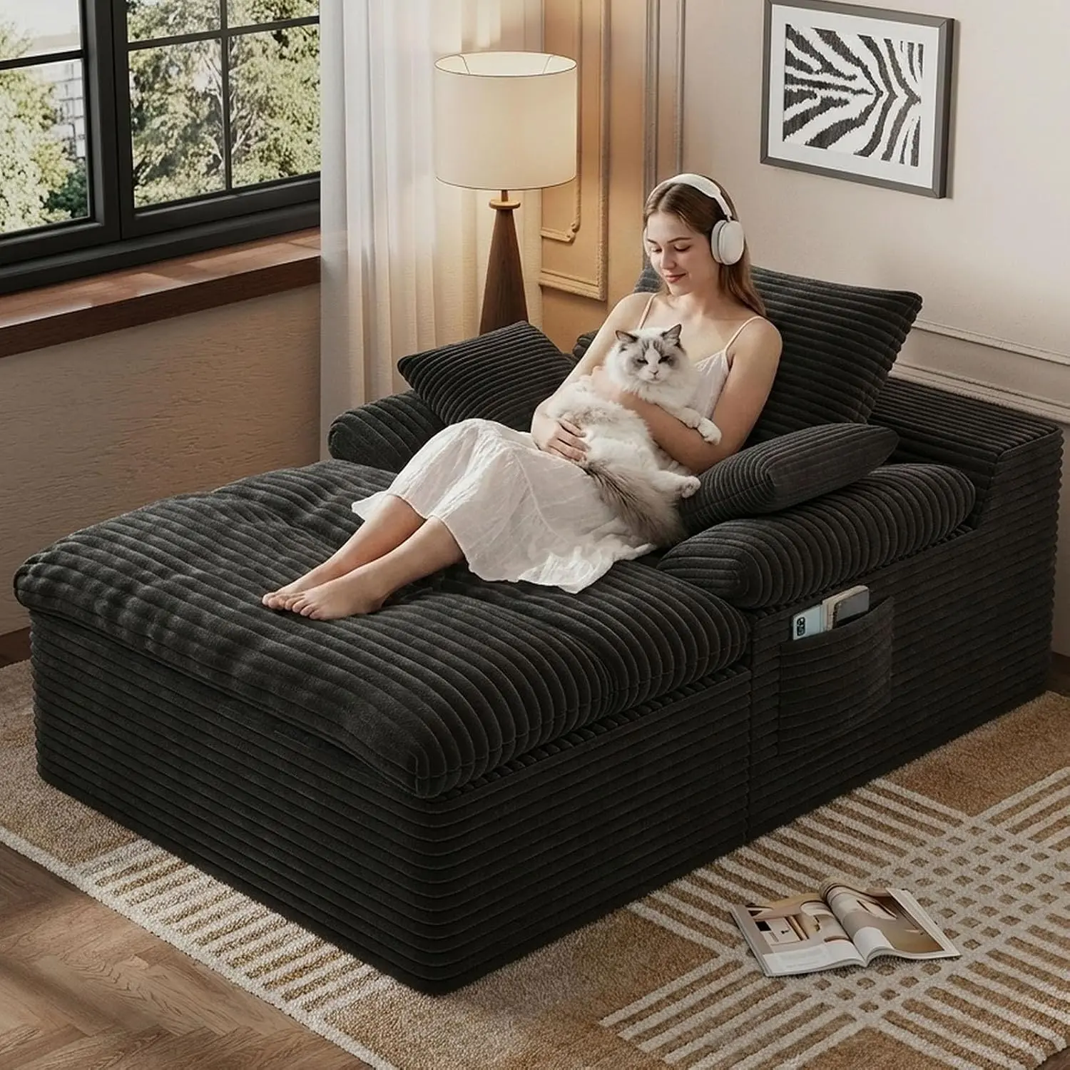 65" Chaise Lounge Chair Indoor with Side Pocket, Oversized Boneless Lounger Chairs Indoor with 3 Soft Pillows, Deep Seat Reading Lounge Couch for Living Room, Apartment, Black