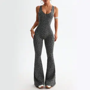 Women's Leopard Print Fitted Yoga Jumpsuit with Flared Pants & Sexy Cutout Cross Twist Open Back Design, High Waist Slim Fit Activewear, Fashion Workout Bodysuit & Sports Set
