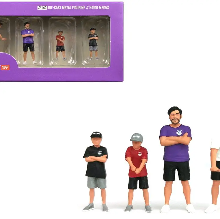 Kaido and Sons V2 4 Piece Diecast Figure Set "Kaido House" for 1/64 Scale Models by Mini GT - Collectible Figures in Purple Box