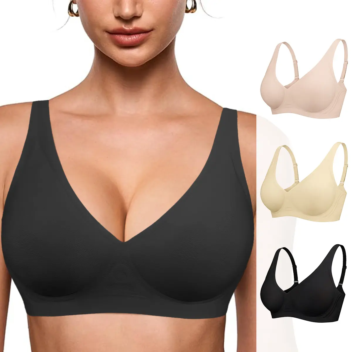 TryWish Women's Wireless Jelly Bra - 1/3PC, S-3XL Sizes, Deep V-Neck, Seamless, Comfortable Everyday T-Shirt Lingerie, Nylon Fabric