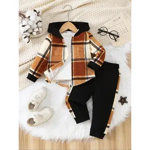 Boys' Plaid Jacket and Pants Set, Casual Daily Wear, Comfortable for Kids, Perfect for Outdoor Activities, Clothes Kids