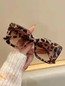 Women's Leopard Print Square Fashion Glasses, Gradient Tea Color Sunglasses, Retro Hot Girl Style Unisex Eyewear