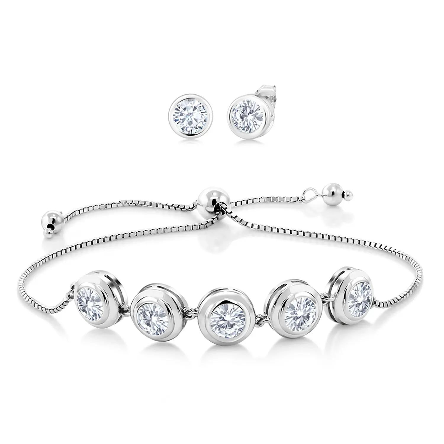 Gem Stone King Women's 925 Sterling Silver Elegant Jewelry Set - 6MM Round Birthstone Bolo Bracelet, Adjustable Easy-On Easy-Off Stud Earrings, Includes December, September, August, February Birthstones, December Birthstone