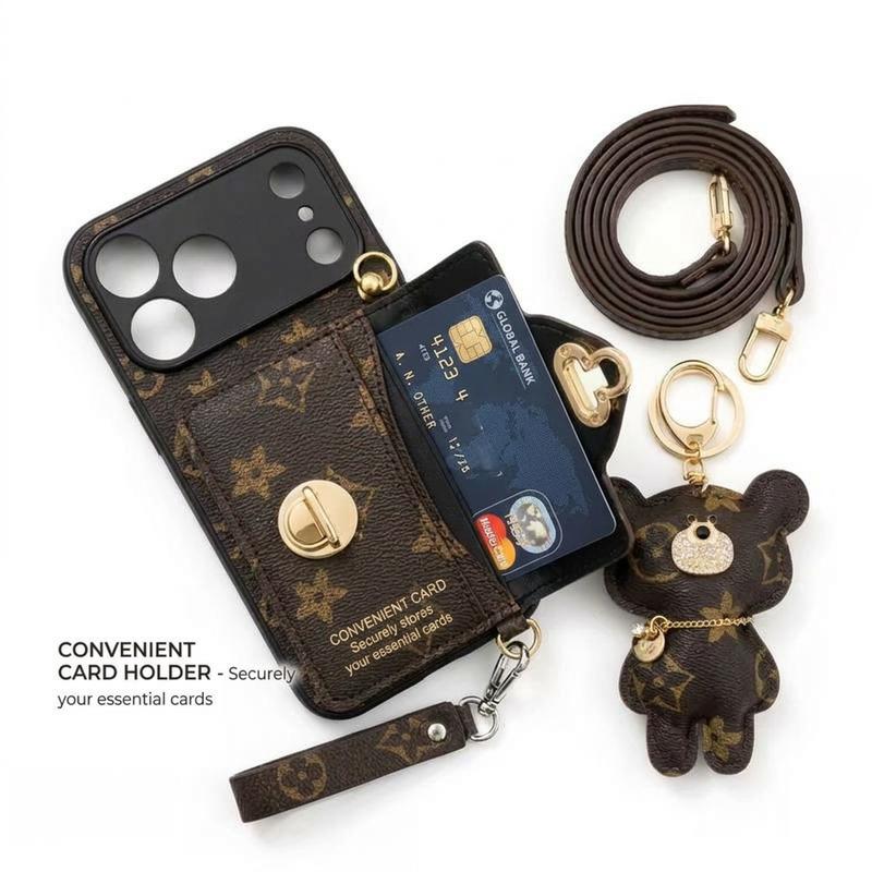 iPhone 16 Pro Max Case with Bear Shoulder Strap & Card Holder for iPhone17ProMaxCase Protective Cover with  Pattern and Gold Hardware