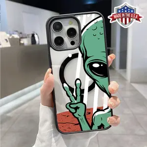 Magnetic Soft Case for iPhone 16 Pro Max 15 Plus 14 13 12 11 XS XR Biye Alien Pattern Anti-Yellowing Shockproof Ultra-Thin Silicone Crystal Transparent Acrylic Cover Supports Wireless Charging.