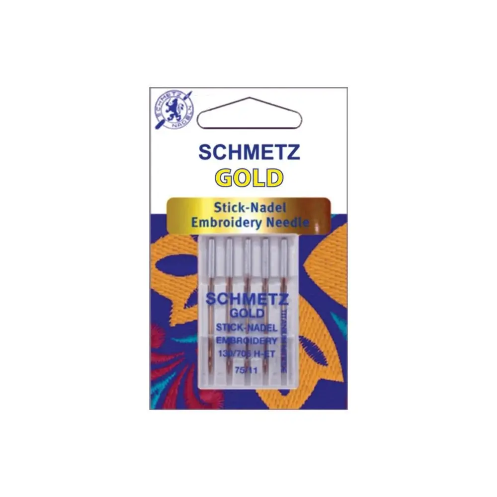 Schmetz Gold Titanium Tip Embroidery Needles - 11/75, 5-Count, Durable, System-Matched, Prevents Skipped Stitches, Reduces Thread Shredding, Fits Most Household Sewing Machines, Ideal for Embroidery, Decorative Machine Stitching