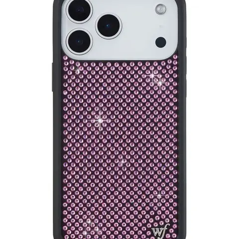 Wildflower Limited Edition Collab Rubber Pink Rhinestone Custom iPhone Case - Raised Black Durable Shockproof Bumper, Shiny Silver Studded Black Background, Women's Small Business Cover, Pink Vibes Protection Accessory, Gift for Her