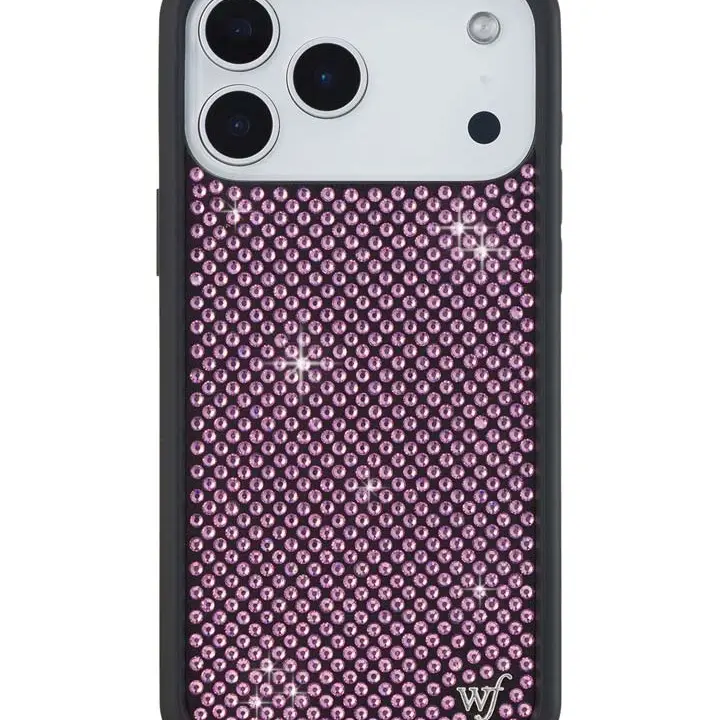 Wildflower Limited Edition Collab Rubber Pink Rhinestone Custom iPhone Case - Raised Black Durable Shockproof Bumper, Shiny Silver Studded Black Background, Women's Small Business Cover, Pink Vibes Protection Accessory, Gift for Her