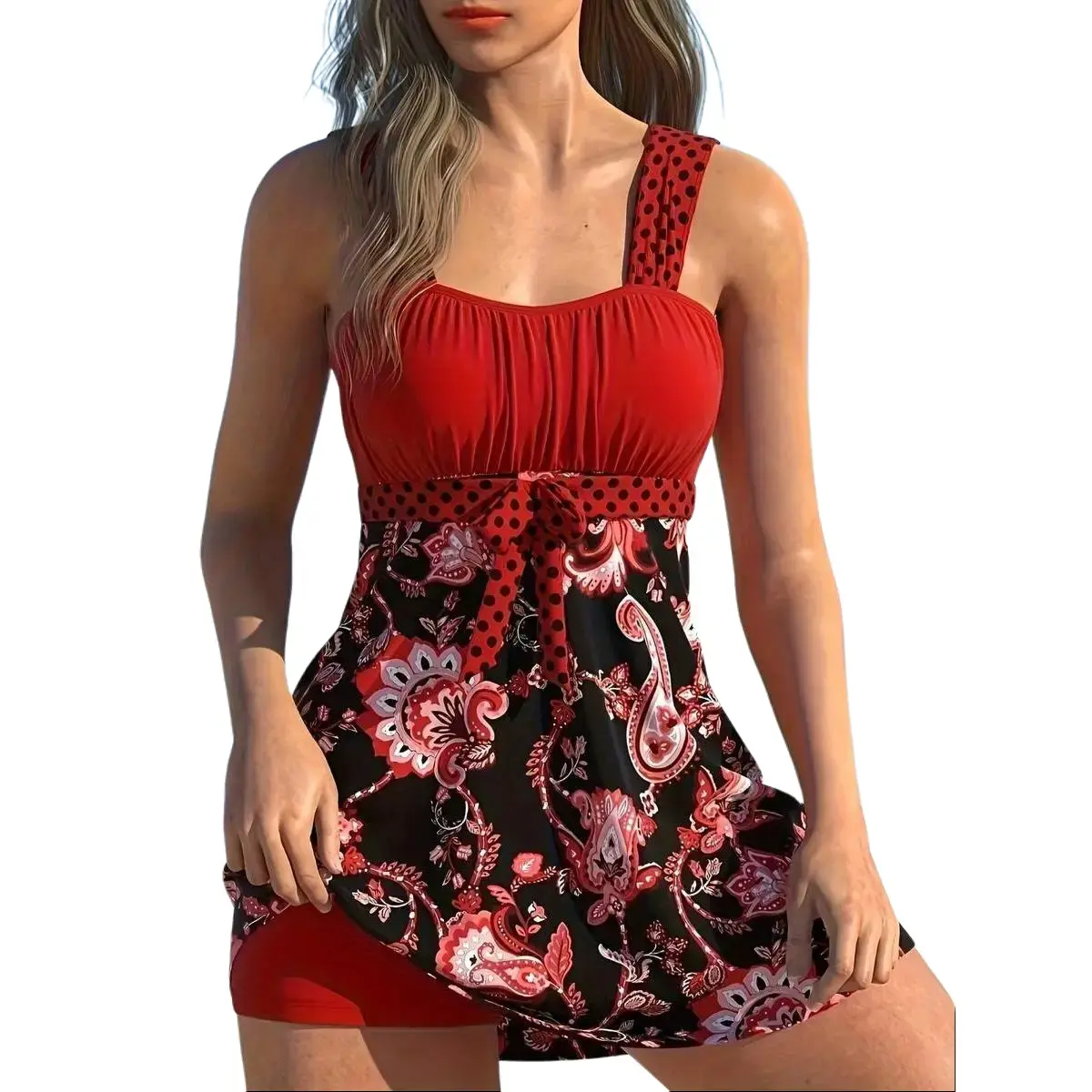 Women's 2-Piece Backless Tankini Set - Chic American Bandana Print Bandeau Swimdress with High-Waist Mini Shorts, Polyester Blend Knit Fabric, Anti-Odour, Quick-Dry Curvy Chic Swimwear for Poolside Wear, Fashionable Swimsuit