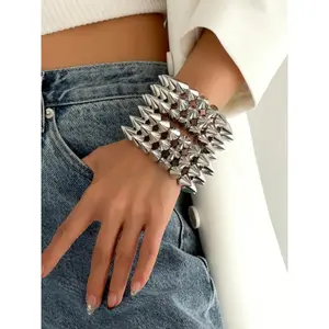 2pcs Punk Style Rivet Spikes Bracelet Set, Unisex Silver Color Edgy Design, Perfect for Daily Wear, Parties & Festivals, Trendy Jewellery Accessories