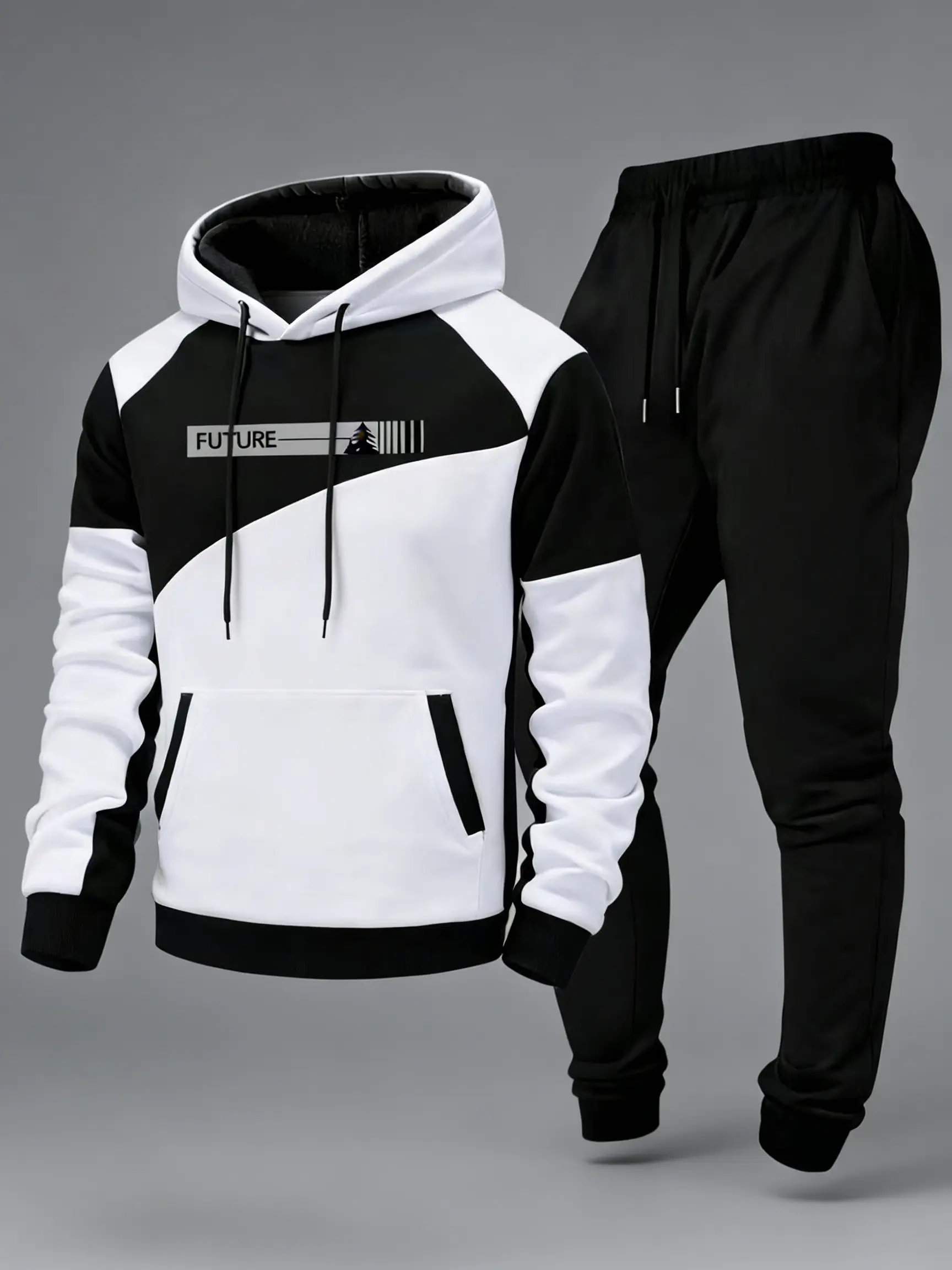 Black & White Contrast Panel Hooded Sweatshirt with Jogger Pants - Trendy Casual Tracksuit for Men
