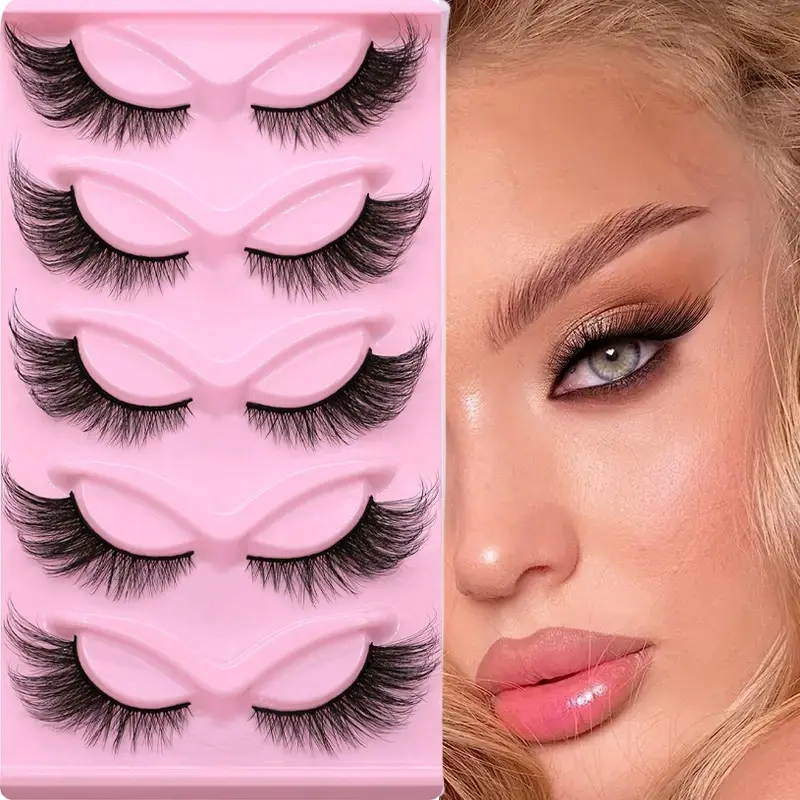 5 Pairs Long Cat Eye Lashes -Holiday Gift Wispy, Elongated, Longer Looking Eyelashes, Thick, And Dramatic False Eyelashes For A Sultry Look - Reusable Strip Lashes For A Glamorous Eye Makeup Fluffy False Eyelashes