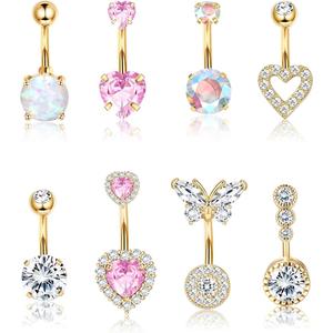 Trendy Belly Button Ring Dangle 14G Surgical Stainless Steel Hypoallergenic Pink Heart Butterfly Navel Piercing Jewelry for Women Cubic Zirconia