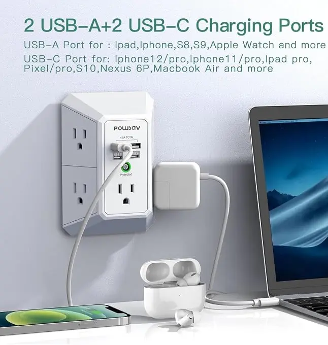 Outlet Power Strip with 4 USB Ports - Surge Protector for Home, Office, School - ETL Listed