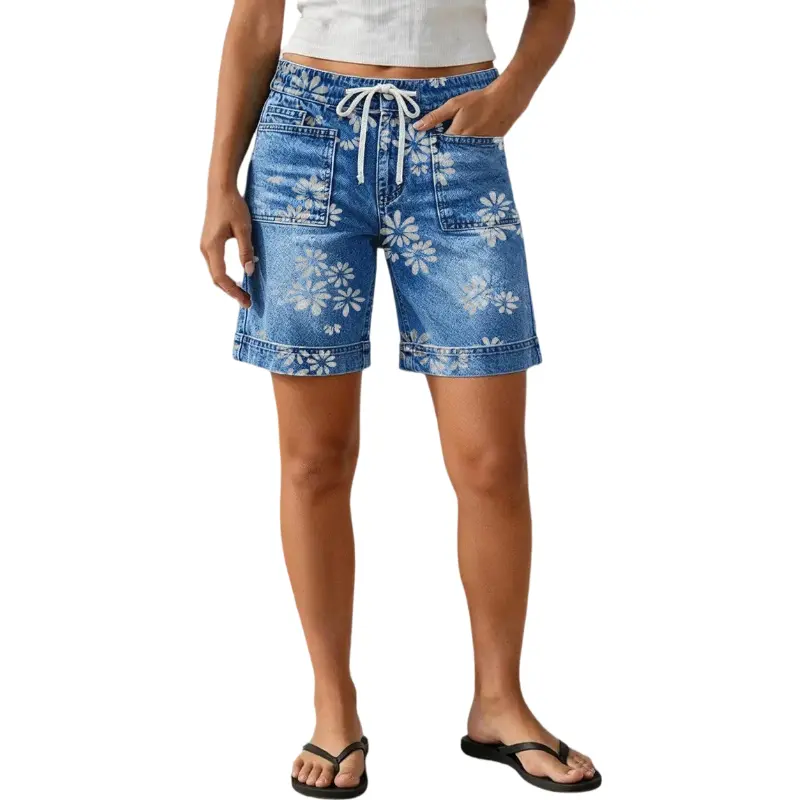 Flamingals Floral Print Patch Pocket Drawstring Mid Rise Mid Thigh Denim Shorts Stretchy 5.9'' Inseam