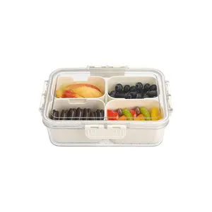 Four-Compartment Snack Tray with Lid, Portable Food Organizer, Plastic Storage Container, Ideal for Parties, Picnics, Travel, Holds Snacks, Fruits, Vegetables