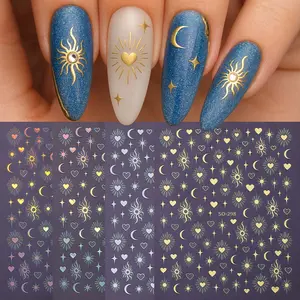 4 Pcs Star Moon 3D Nail Art Stickers, Laser Gradient Heart Moon Baroque Self-Adhesive Nail Decals, Glossy Finish for Women and Girls