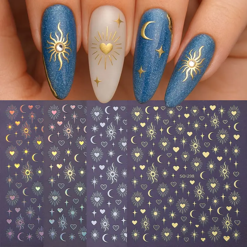 4 Pcs Star Moon 3D Nail Art Stickers, Laser Gradient Heart Moon Baroque Self-Adhesive Nail Decals, Glossy Finish for Women and Girls, Nail Art DIY, Nail Decoration