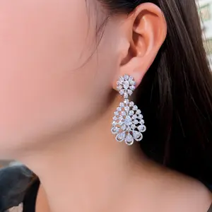 Clip On Cubic Zirconia Chandelier Earrings, Sparkling Fan-Shaped Drop Earrings for Women, No Piercing Needed, Ideal for Weddings, Parties & Formal Events