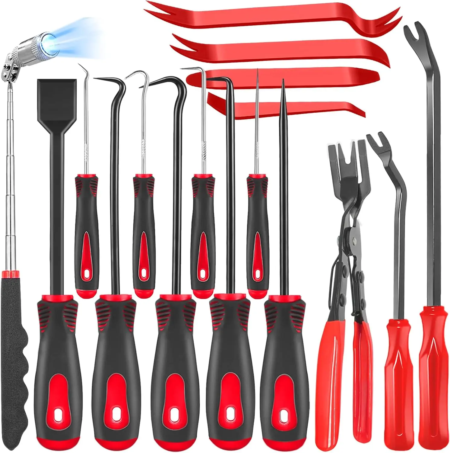 17PCS Handtool Set Mechanical Hook Pick Tool Kit, All-in-One Repair Tools with Automatic Clamp Rivet Puller, Telescopic Magnetic Pickup Tool and Gasket Scraper