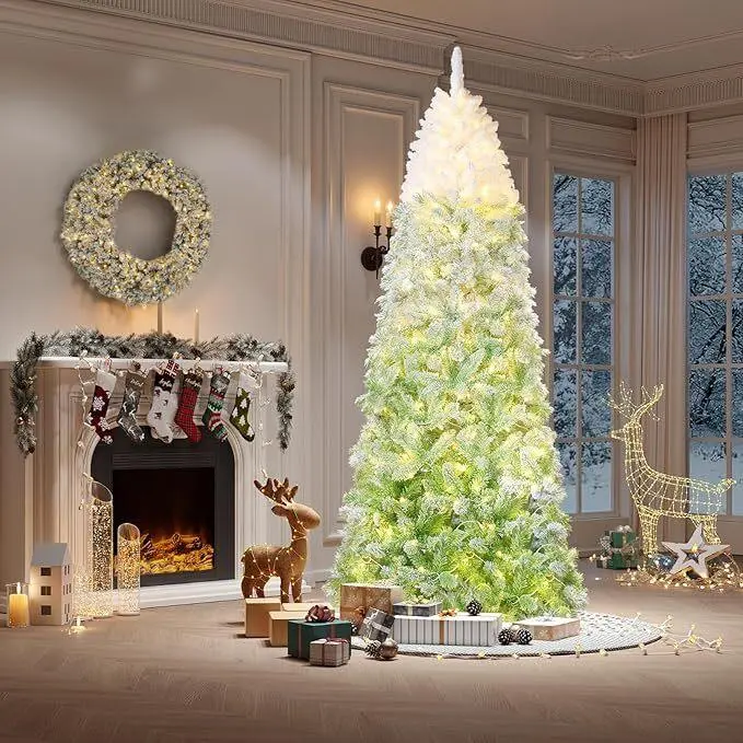 Gaomon 7.5ft PVC Flame-Safe Fluffy Snow-Flocked Pencil Christmas Tree - Pencil Shape, Green Gradient, Sturdy Metal Stand, Flexible, Fluffing Easy, Easy Install, Skinny Indoor Holiday Decor for Home, Party Use, Party Decor, Indoors