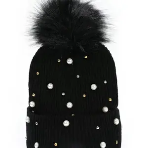 NAPISH Black Women's Beanie with Pearls and Fur Pom-Pom Soft Warm Knitted Hat for Kids Streetwear Clothing Accessory