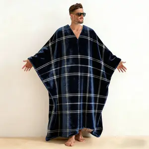 Men's V-Neck Plaid Print Flannel Kaftan Robe, Classic Checkered Pattern Brushed Cotton Long Sleeve Open Front Loungewear, Soft Warm Hoodless Bathrobe for Cabin Retreat & Home Relaxation, Gift for Him