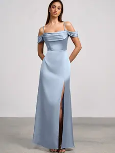 Azazie Nerida Ruched Neckline Detachable Straps Slit Mermaid Luminous Satin Maxi Dress