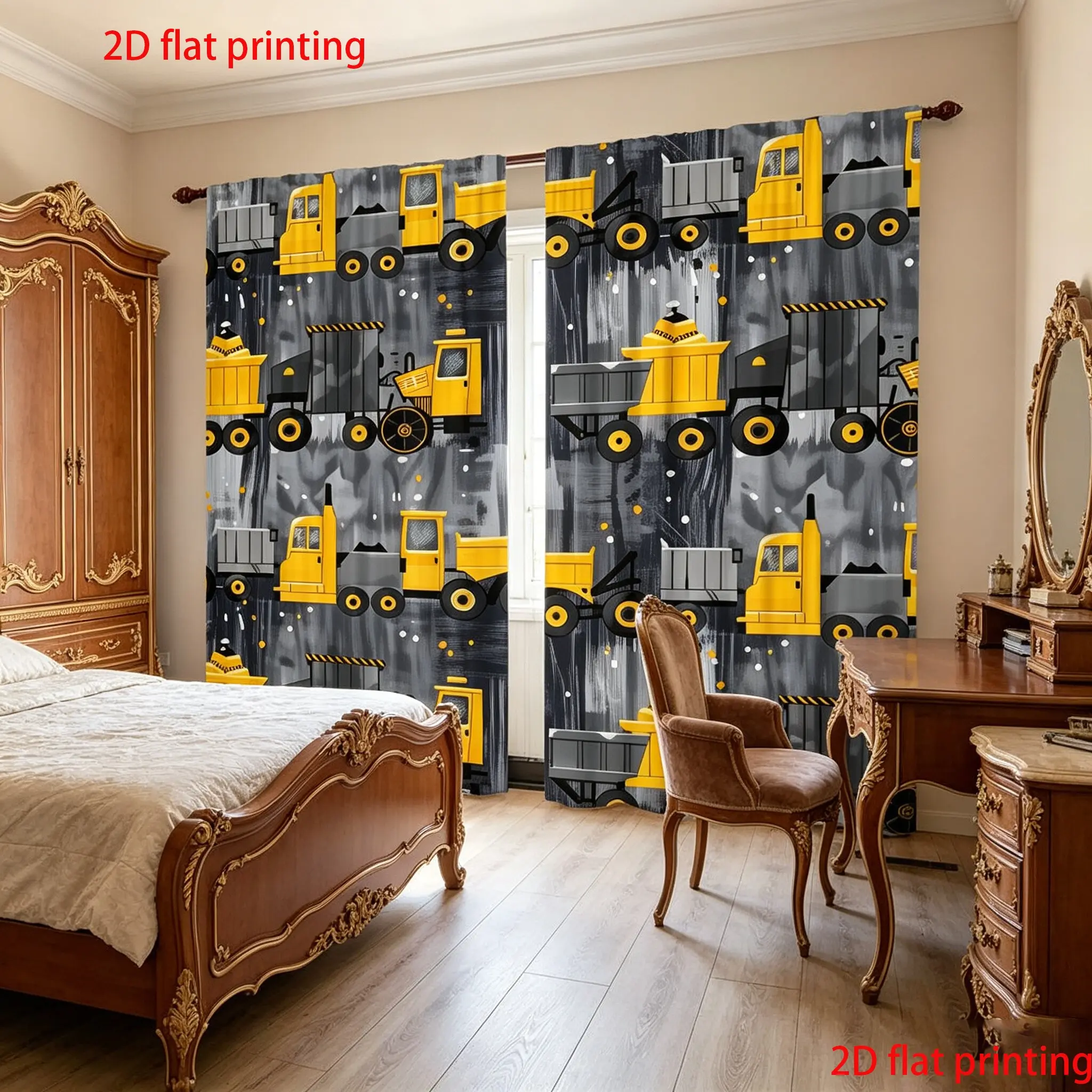 Construction Truck Curtain Set, Window Curtain, Half-Transparent Polyester Fabric, Rod Pocket Design, Boys Room Decor, Bedroom & Living Room Curtains