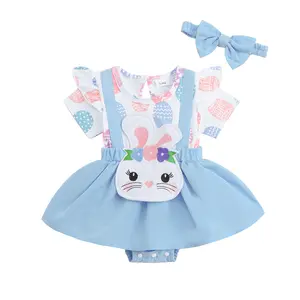 Canrulo Newborn Infant Baby Girl Easter Outfit Bunny Romper Dress Easter Eggs Ruffle Short Sleeve Bodysuit Jumpsuit with Headband 0-18M