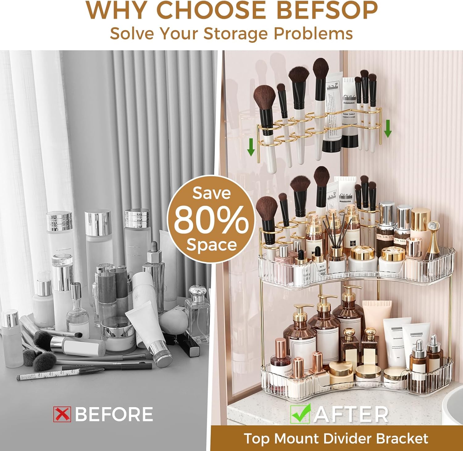 2-Tiers Corner Bathroom Counter Organizer, Clear Countertop Shelf Storage Rack, Cosmetic Perfume Tray Standing Holder with Gold Metal Pole, Skincare Sink Organizer for Vanity Kitchen Transparent Smooth outdoorfun