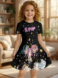 Girls' K-Pop Girl Group Printed Dress, Block Short Sleeve A-Line Skirt, Casual Fitted Knee Length, All over Print Design