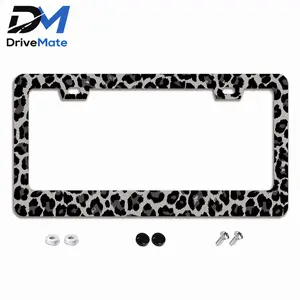 DriveMate Leopard Print License Plate Frame Black Gray, Stainless Steel Car Tag Holder with Screws, 2 Hole Design, 12.2 x 6 in Fit Standard US Canada License Plates, Car Accessories