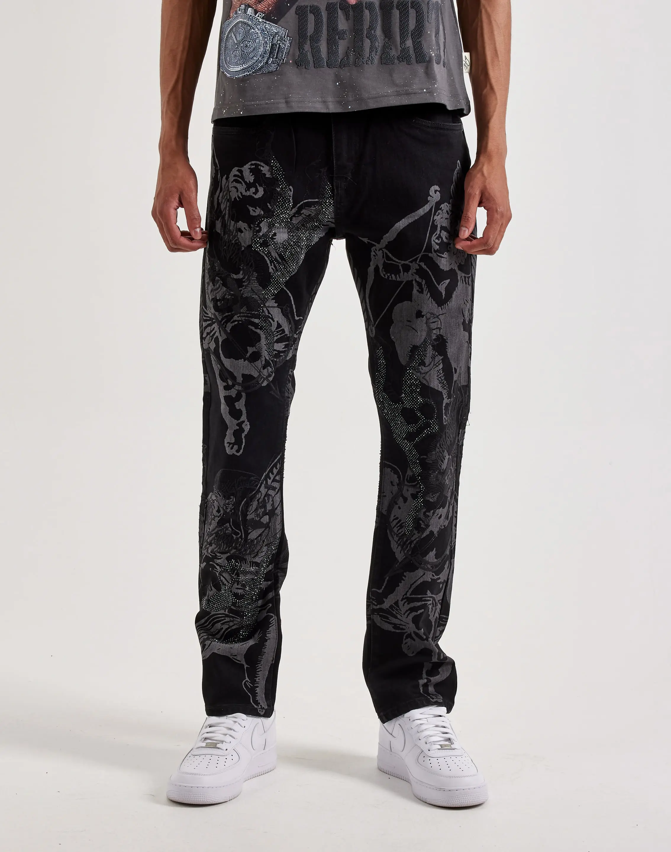 Mens WAIMEA Angel Slim Rhinestone Denim Jeans