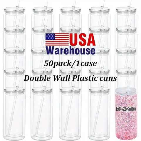 25/50-Pack 16oz Double Wall Clear Plastic Snowglobe Cups - 16/20oz, Pre-Drilled Holes, Stoppers Included, Portable Straw-Compatible Drinkware for Kitchen Use