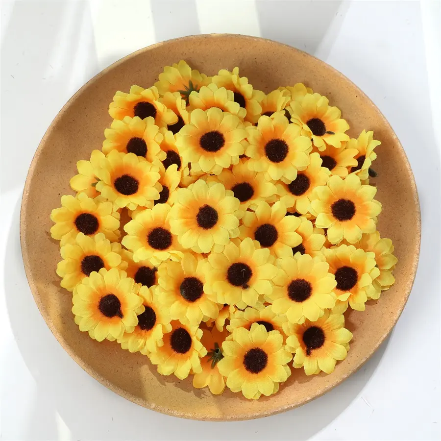 100Pcs Yellow Artificial Flower Heads Mini Fake Sunflower Decorative Fabric Flowers Craft Floral Embellishments for Wreaths Wedding Artificial Flowers