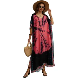 Women Plus Size Mumu Dresses for Women - Boho Batwing Sleeve Caftan with Side Slits, Long Moo Moo Nightgown & Beach Cover Up - Pink Paisley