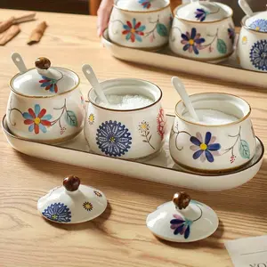 4pcs Set(1 Tray, 3 Jars with 3 Spoons) Hand-Painted Ceramic Spice Bottle Set, Including 3 10-Ounce Lidded Sugar Jars, Spoons, and Tray for Kitchen Storage, Food Storage, Seasoning Storage, Such as Salt, Sugar, Seasoning Agents, Etc.