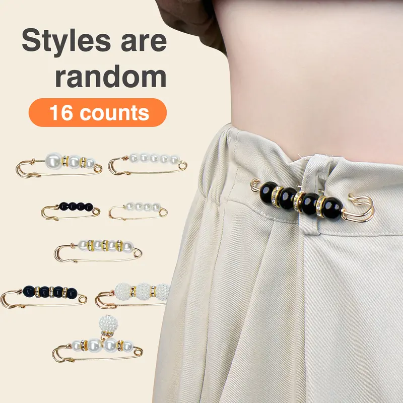 Women's 16-Count Elegant Fashion Faux Pearl Brooch Pins - Adjustable Clips, Easy-to-Use No-Sew Apparel Accents, Versatile for Ceremonies, Sweaters, Shawls, Cardigans, Pant Tighteners