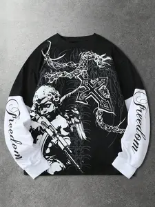 Men's Freedom Print Layered Long Sleeve T-Shirt, Y2K Streetwear Casual Style, Loose Fit, Angel & Gun Graphic Pattern, Colorblock Sleeves, Menswear