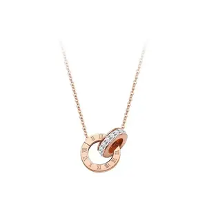 Roman numerals double ring necklace titanium steel non-fading collarbone chain pendant