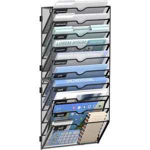 10 Tier Wall File Organizer Office Hanging Mail Holder Wall Mounted, Mesh Paper Document Organizer for Office  School, Black