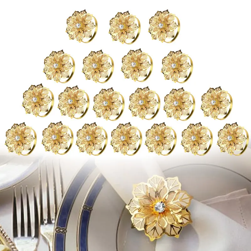 20pcs Metal Gold Hollow-Out Flower Napkin Rings Set, Decorative Serviette Buckles for Wedding, Holiday Banquet, Ideal Gift for Special Occasions