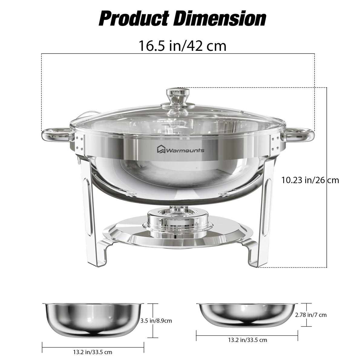 WARMOUNTS Round 5QT Chafing Dishes with Glass Lid (2/4 Pack) – Stainless Steel Buffet Warmers, Mirror-Polished Silver Finish, Lid Holder, Rolled Rim, for Easter Brunch, Weddings & Catering